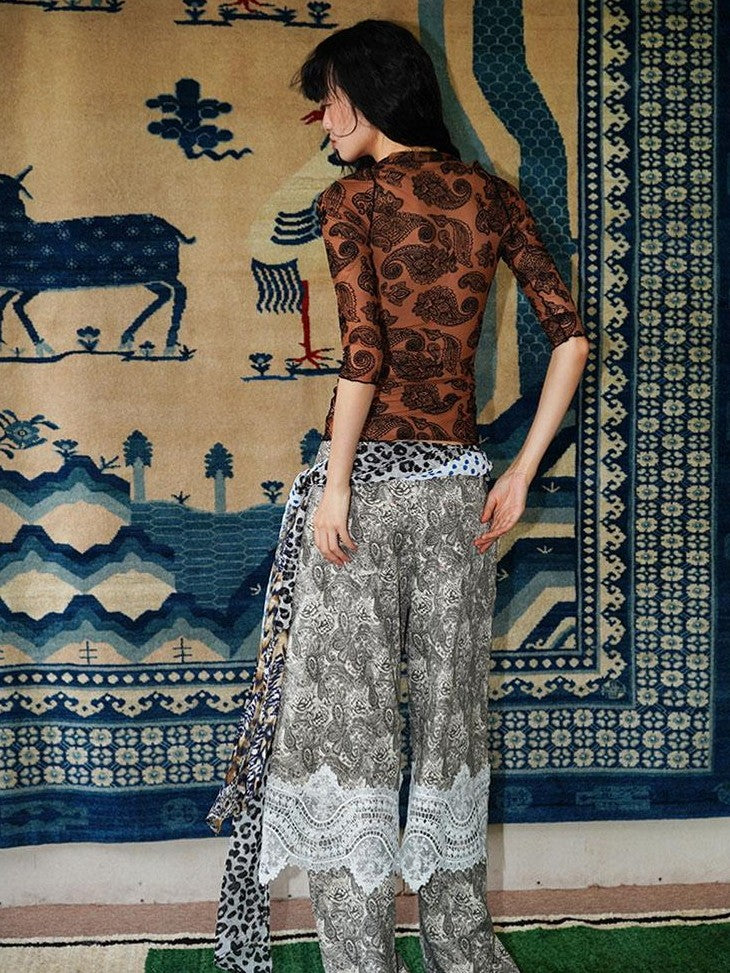 badtaste Vintage Paisley Patchwork Lace Faux Two Piece Women's Wide-leg Pants