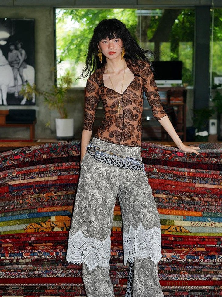 badtaste Vintage Paisley Patchwork Lace Faux Two Piece Women's Wide-leg Pants