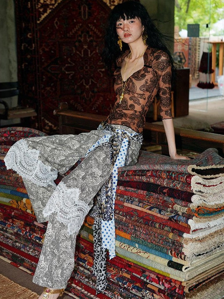 badtaste Vintage Paisley Patchwork Lace Faux Two Piece Women's Wide-leg Pants
