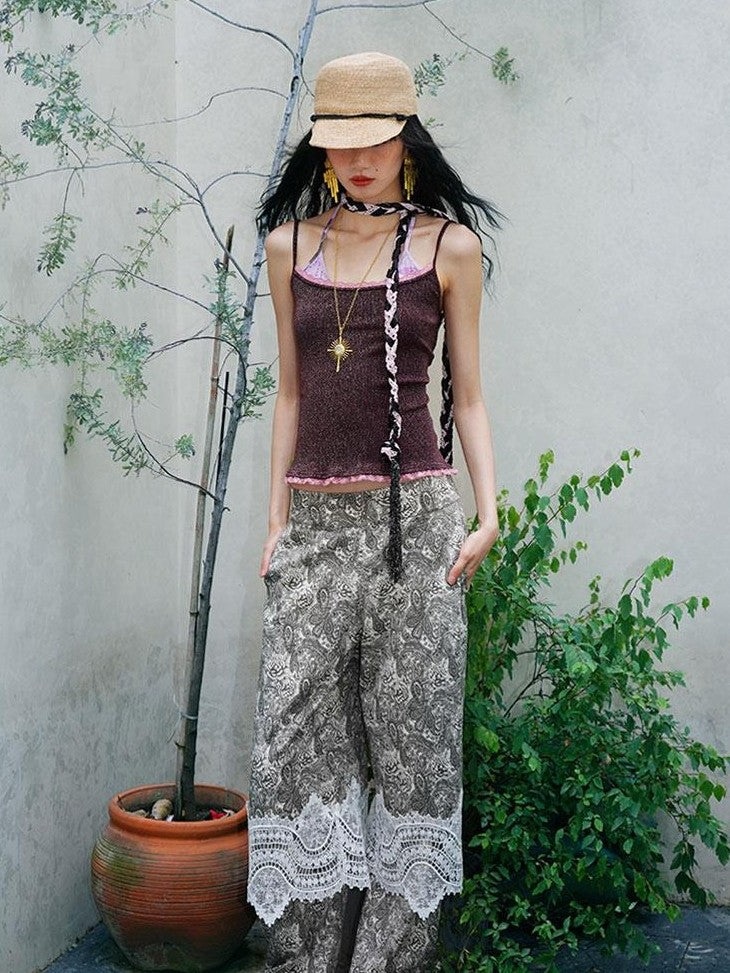 badtaste Vintage Paisley Patchwork Lace Faux Two Piece Women's Wide-leg Pants