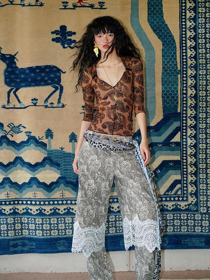 badtaste Vintage Paisley Patchwork Lace Faux Two Piece Women's Wide-leg Pants