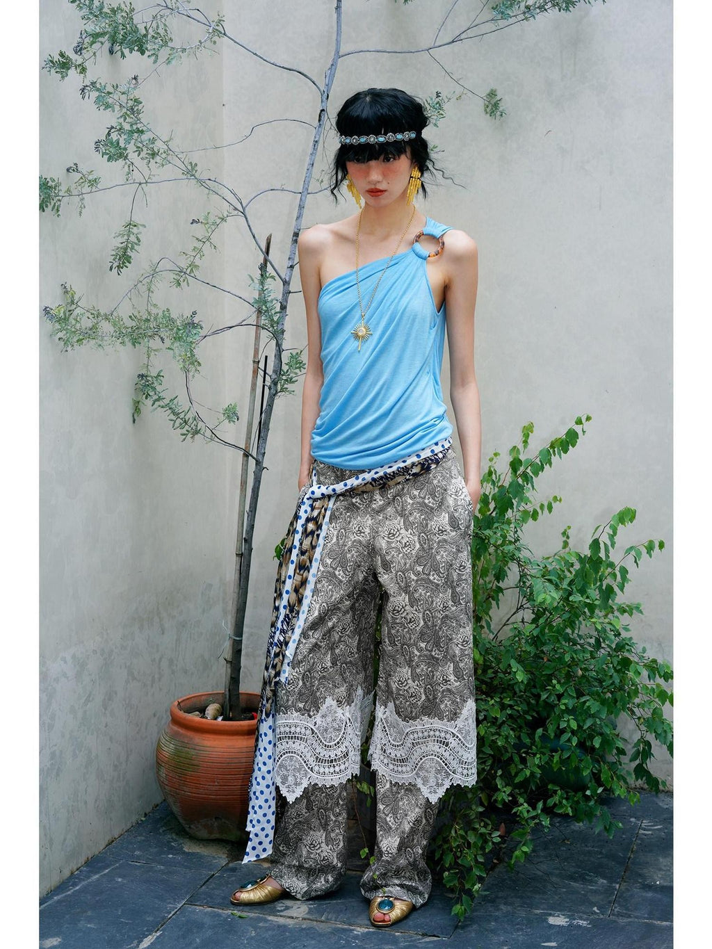 badtaste Vintage Paisley Patchwork Lace Faux Two Piece Women's Wide-leg Pants