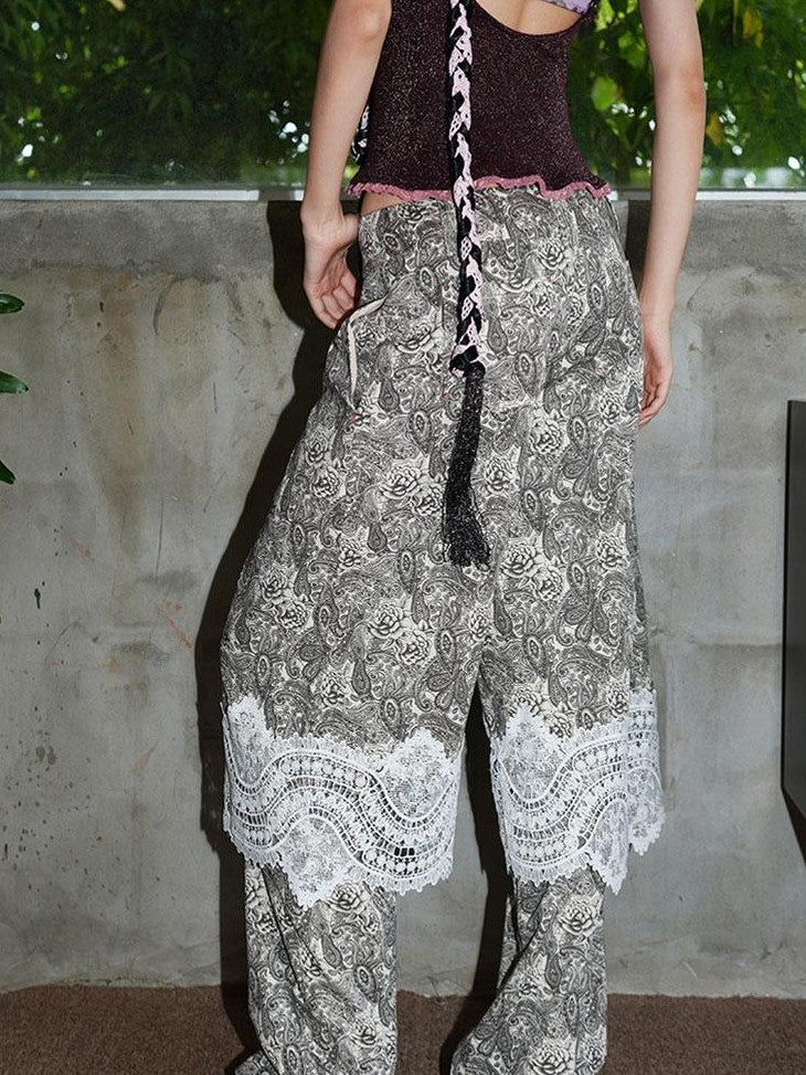 badtaste Vintage Paisley Patchwork Lace Faux Two Piece Women's Wide-leg Pants