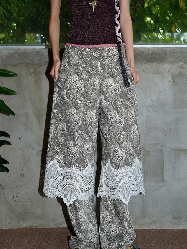 badtaste Vintage Paisley Patchwork Lace Faux Two Piece Women's Wide-leg Pants