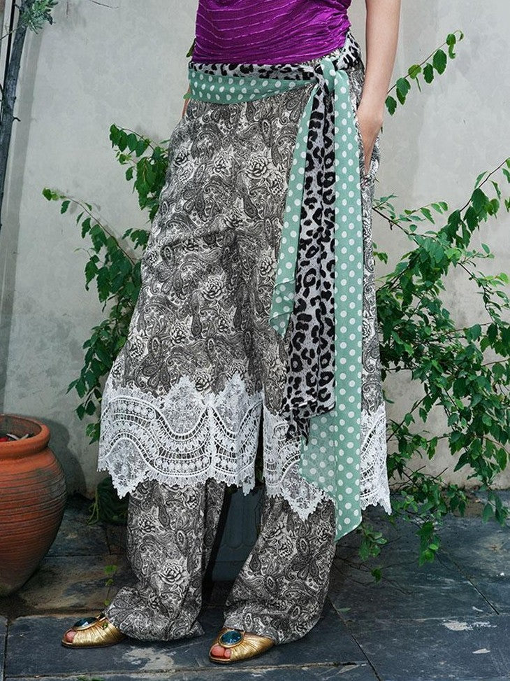 badtaste Vintage Paisley Patchwork Lace Faux Two Piece Women's Wide-leg Pants