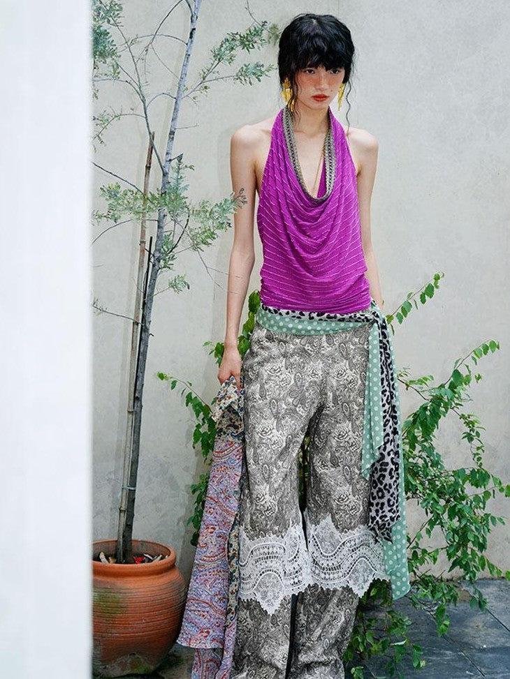 badtaste Vintage Paisley Patchwork Lace Faux Two Piece Women's Wide-leg Pants