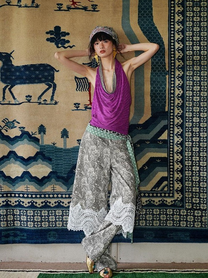 badtaste Vintage Paisley Patchwork Lace Faux Two Piece Women's Wide-leg Pants