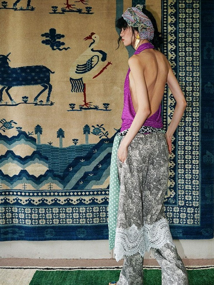badtaste Vintage Paisley Patchwork Lace Faux Two Piece Women's Wide-leg Pants