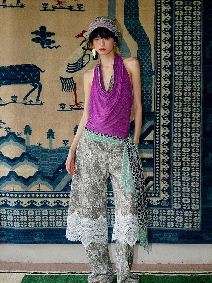 badtaste Vintage Paisley Patchwork Lace Faux Two Piece Women's Wide-leg Pants