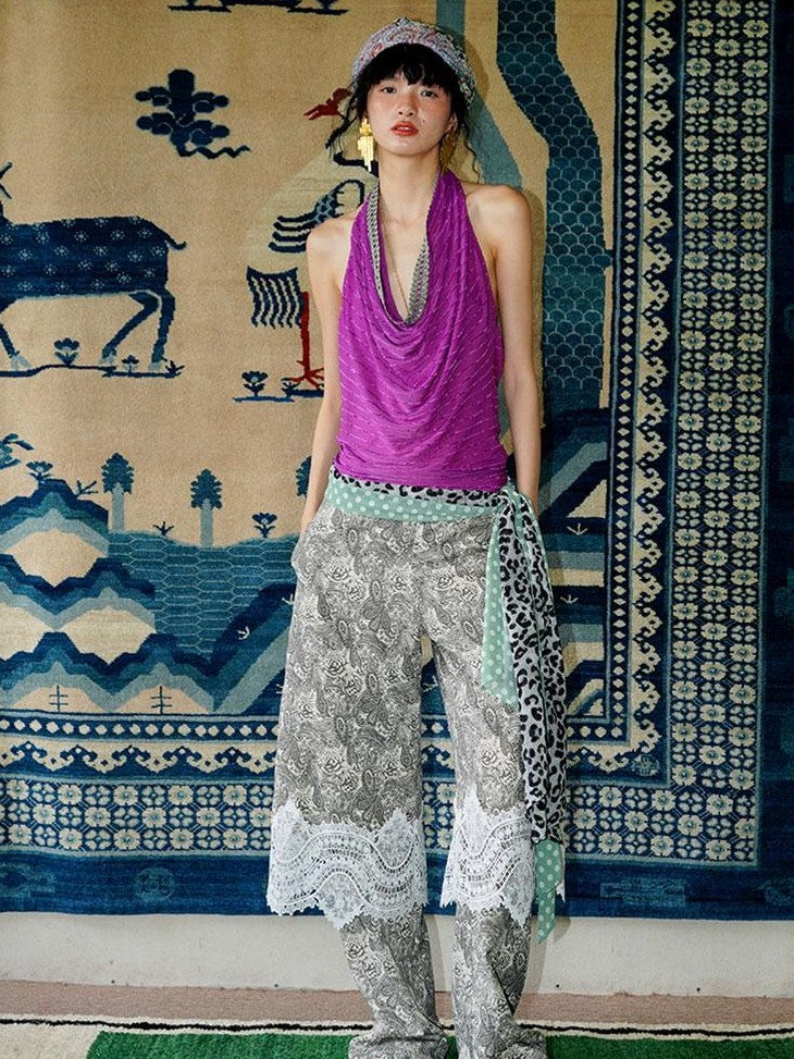 badtaste Vintage Paisley Patchwork Lace Faux Two Piece Women's Wide-leg Pants