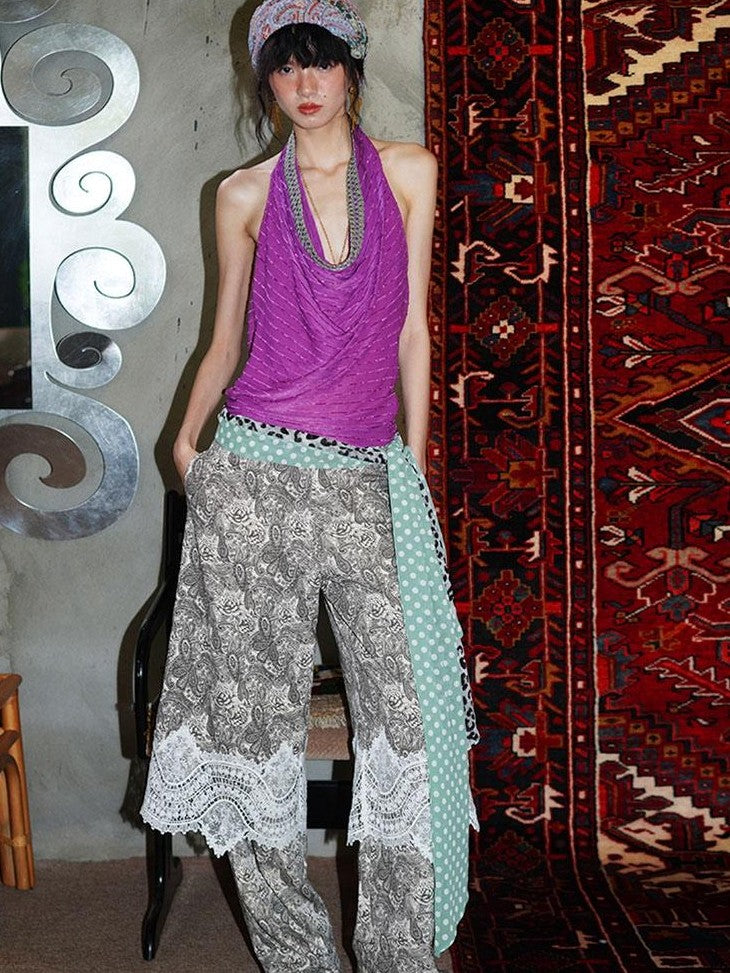 badtaste Vintage Paisley Patchwork Lace Faux Two Piece Women's Wide-leg Pants