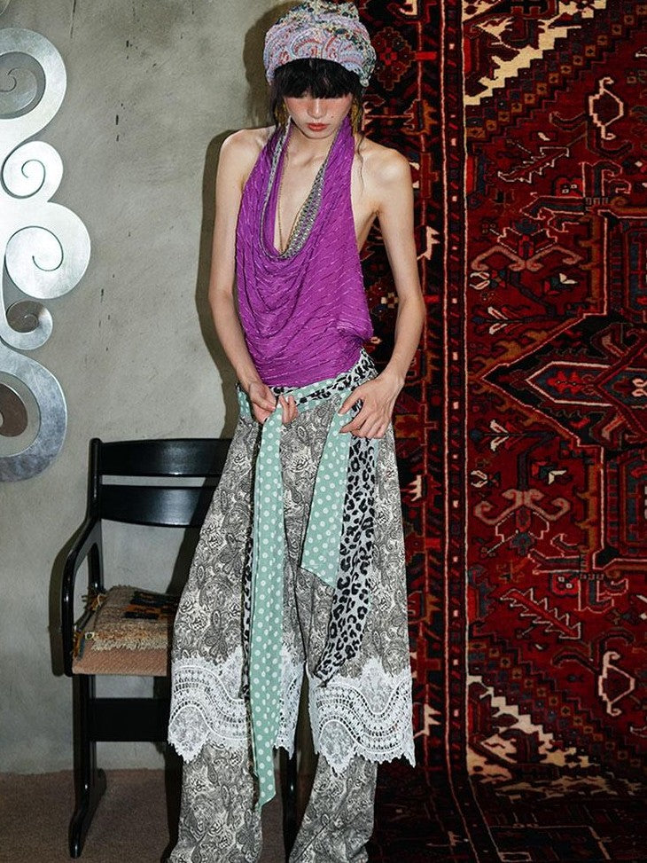 badtaste Vintage Paisley Patchwork Lace Faux Two Piece Women's Wide-leg Pants