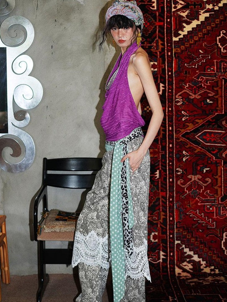 badtaste Vintage Paisley Patchwork Lace Faux Two Piece Women's Wide-leg Pants