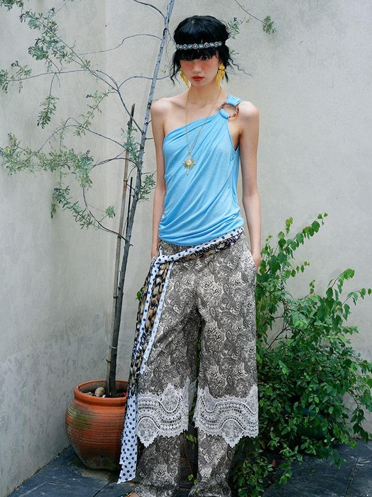 badtaste Vintage Paisley Patchwork Lace Faux Two Piece Women's Wide-leg Pants