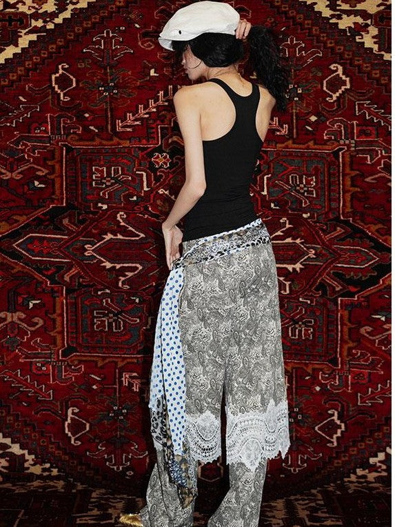 badtaste Vintage Paisley Patchwork Lace Faux Two Piece Women's Wide-leg Pants