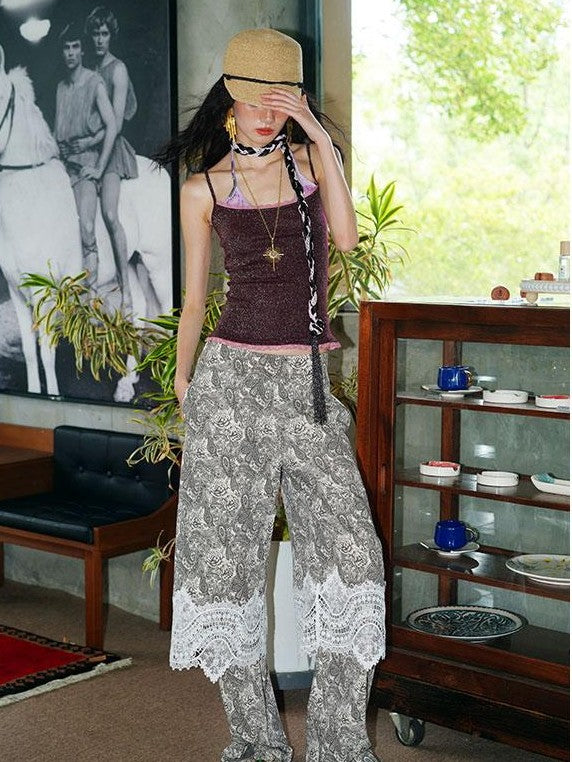 badtaste Vintage Paisley Patchwork Lace Faux Two Piece Women's Wide-leg Pants