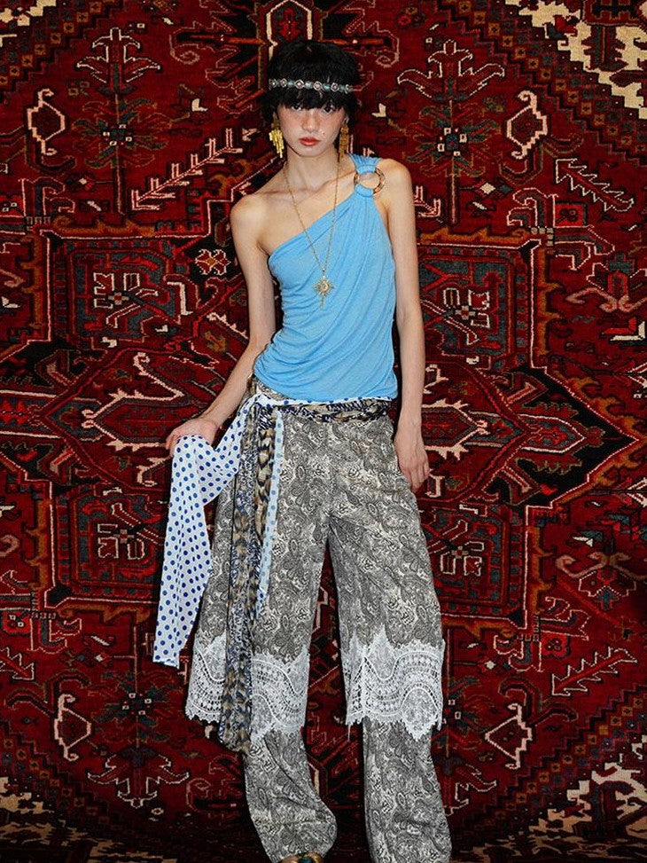 badtaste Vintage Paisley Patchwork Lace Faux Two Piece Women's Wide-leg Pants
