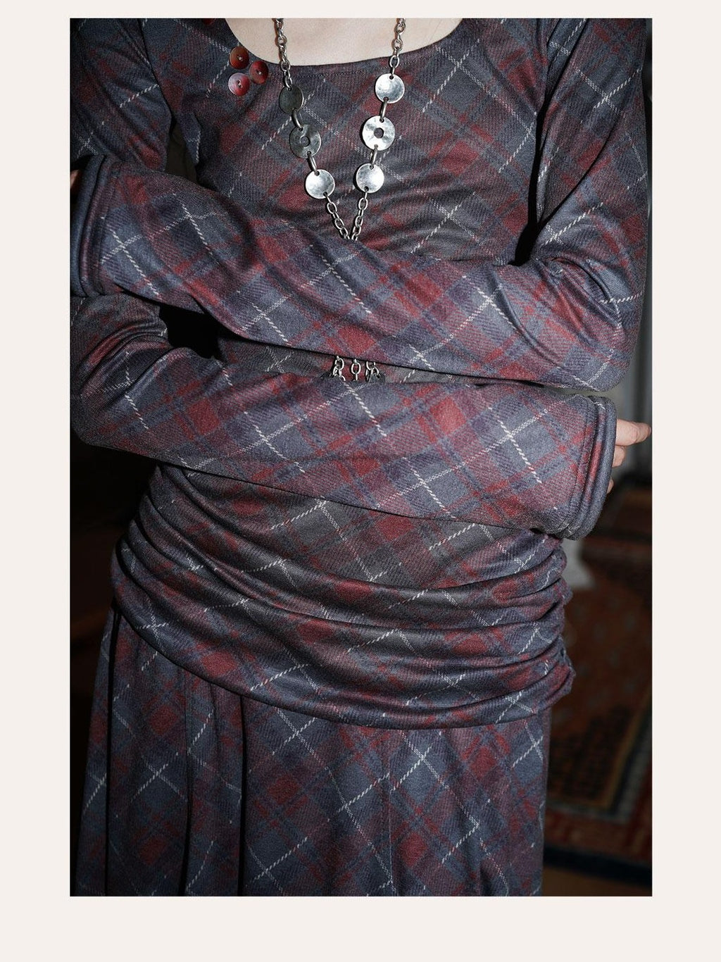 Vintage Plaid Asymmetric Slim Square Neck Women's Lyocell Casual Maxi Dresses