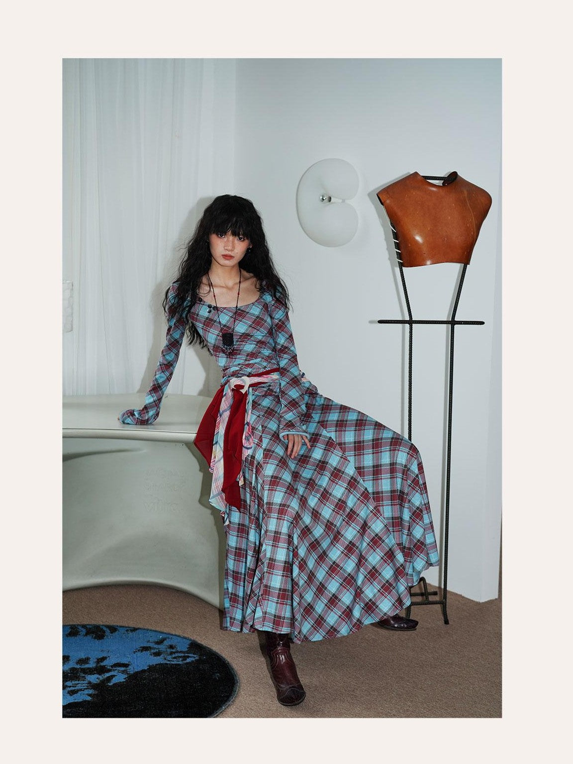 badtaste Vintage Plaid Asymmetric Slim Square Neck Women's Lyocell Casual Maxi Dresses