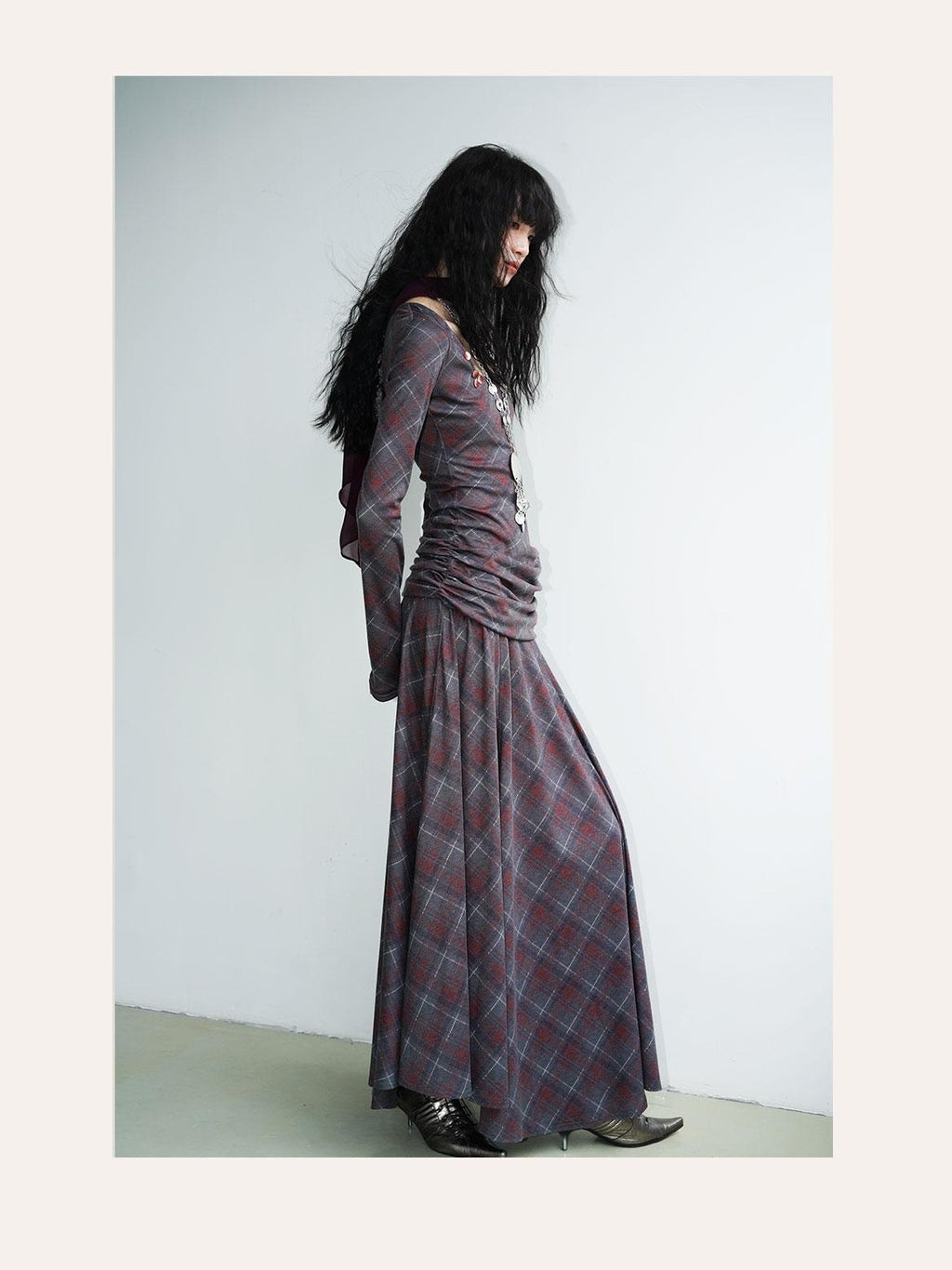 Vintage Plaid Asymmetric Slim Square Neck Women's Lyocell Casual Maxi Dresses