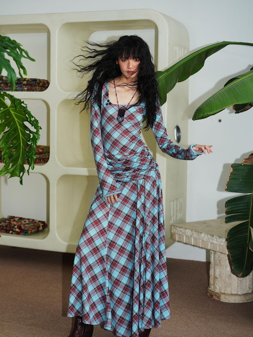 badtaste Vintage Plaid Asymmetric Slim Square Neck Women's Lyocell Casual Maxi Dresses