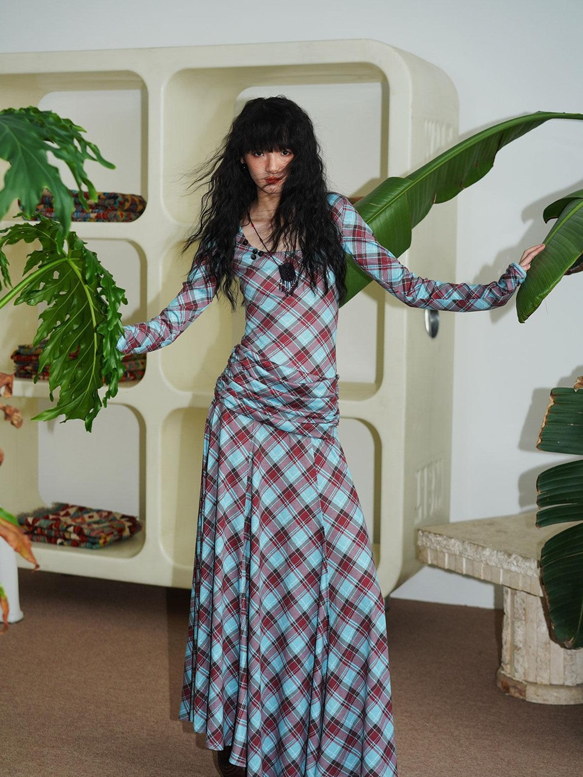 badtaste Vintage Plaid Asymmetric Slim Square Neck Women's Lyocell Casual Maxi Dresses