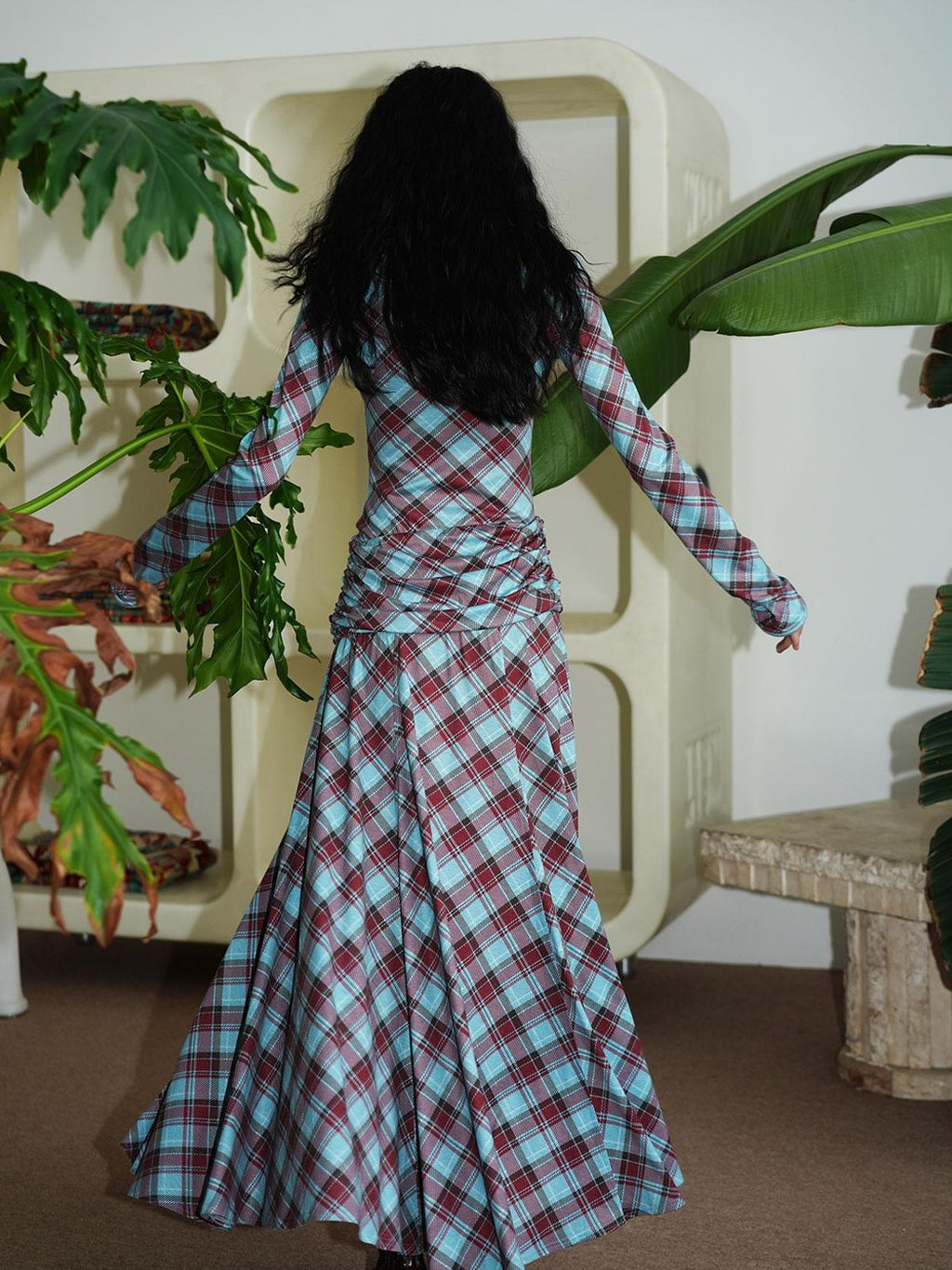 badtaste Vintage Plaid Asymmetric Slim Square Neck Women's Lyocell Casual Maxi Dresses