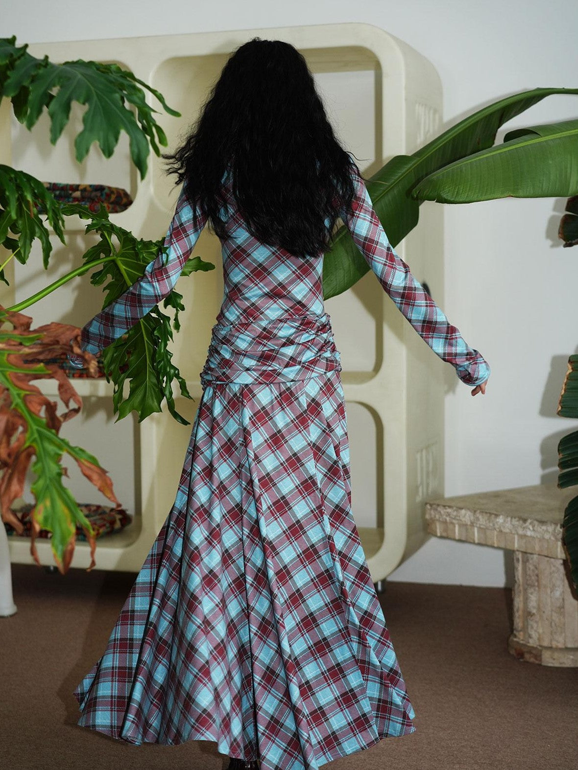 Vintage Plaid Asymmetric Slim Square Neck Women's Lyocell Casual Maxi Dresses