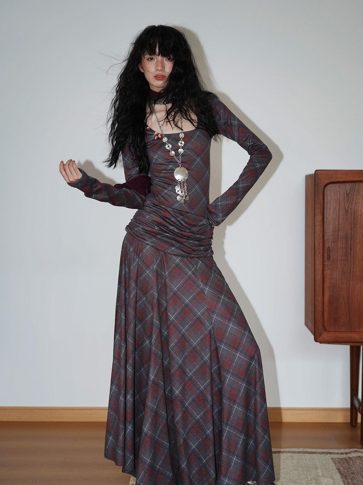 Vintage Plaid Asymmetric Slim Square Neck Women's Lyocell Casual Maxi Dresses