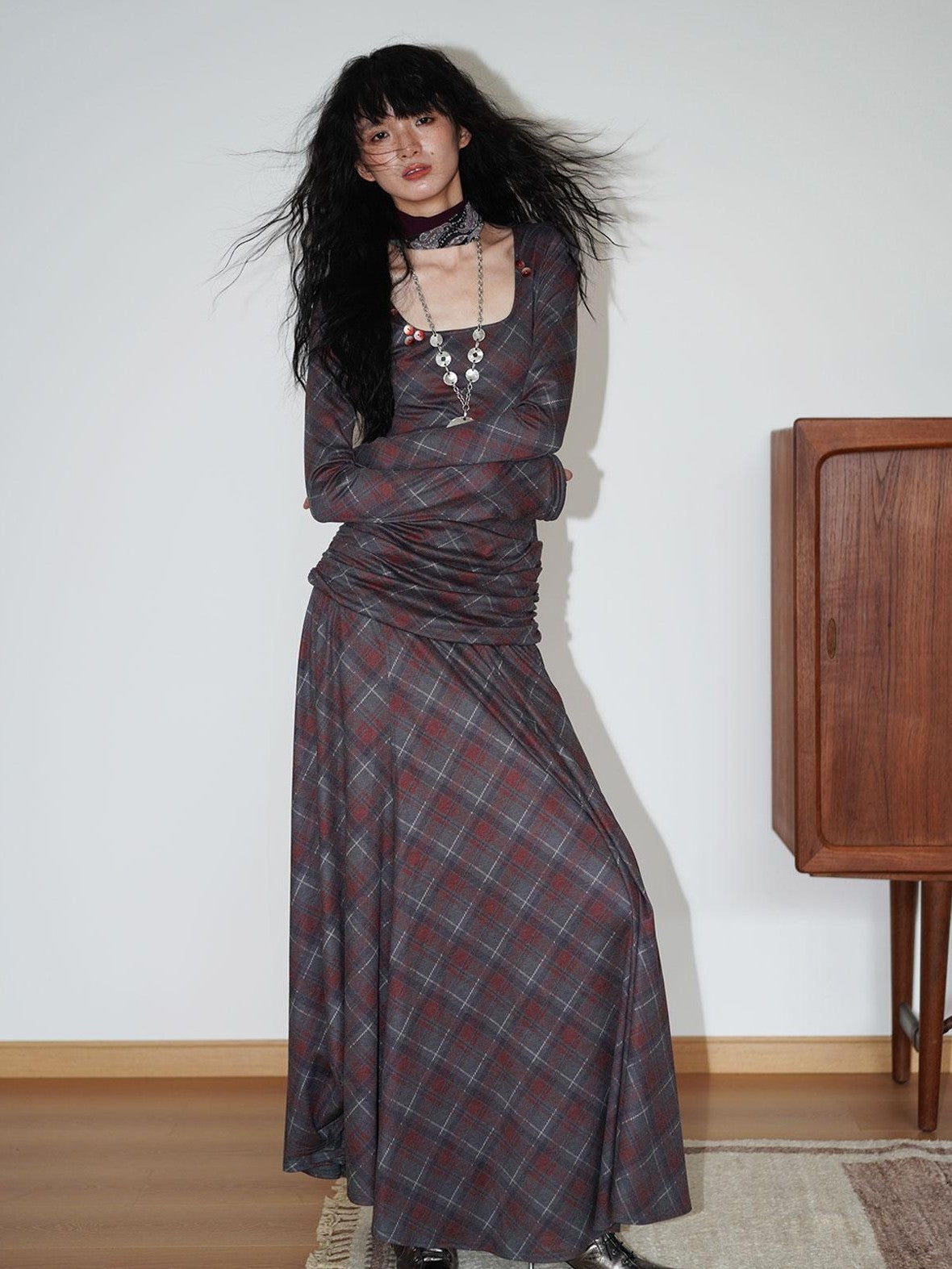 badtaste Vintage Plaid Asymmetric Slim Square Neck Women's Lyocell Casual Maxi Dresses