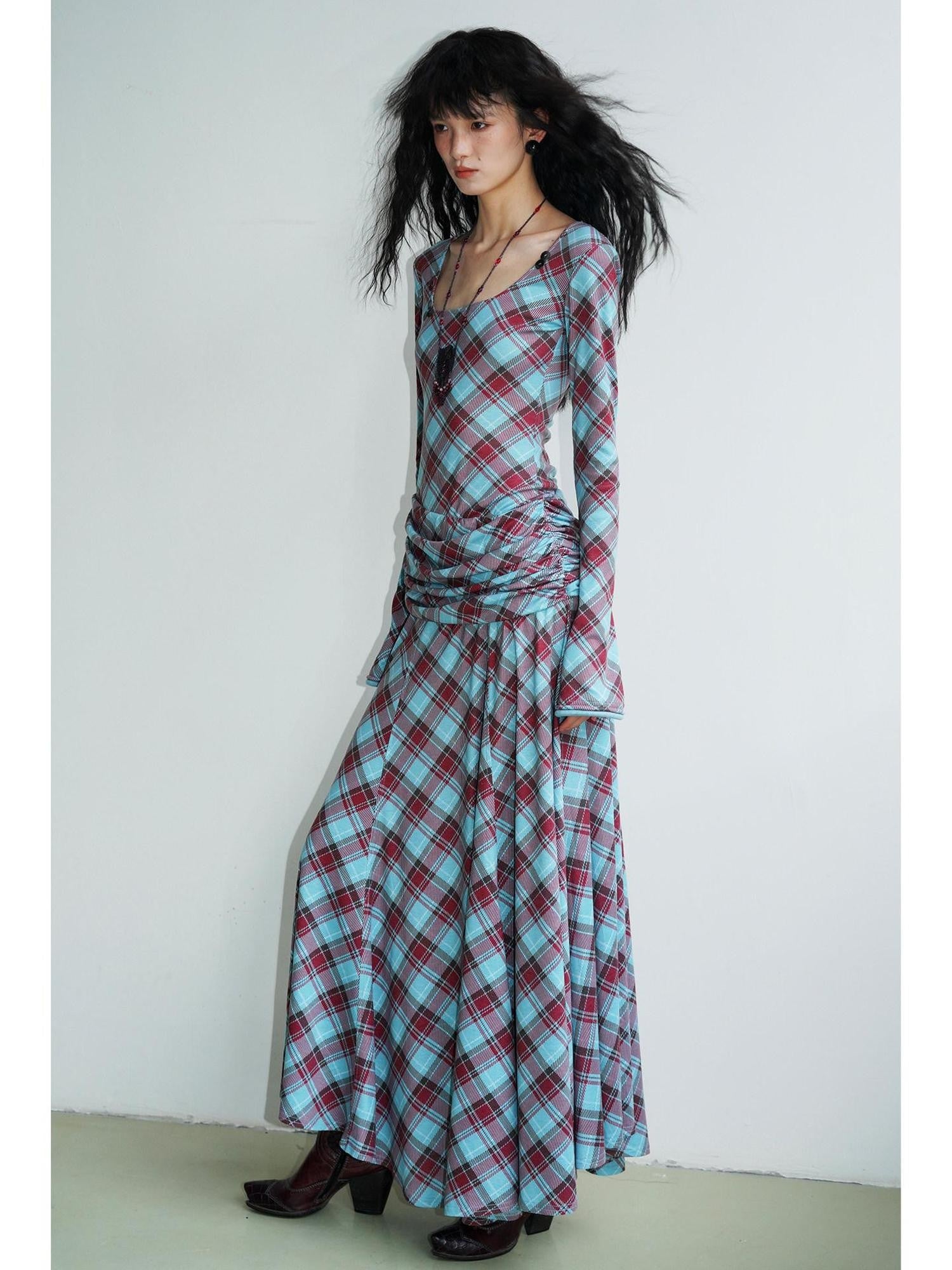 badtaste Vintage Plaid Asymmetric Slim Square Neck Women's Lyocell Casual Maxi Dresses