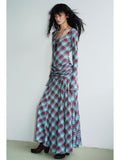 Vintage Plaid Asymmetric Slim Square Neck Women's Lyocell Casual Maxi Dresses
