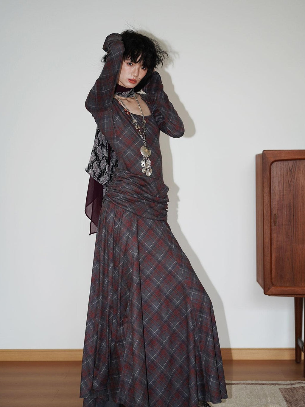 Vintage Plaid Asymmetric Slim Square Neck Women's Lyocell Casual Maxi Dresses