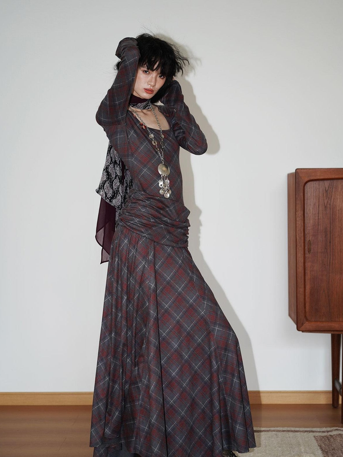 Vintage Plaid Asymmetric Slim Square Neck Women's Lyocell Casual Maxi Dresses