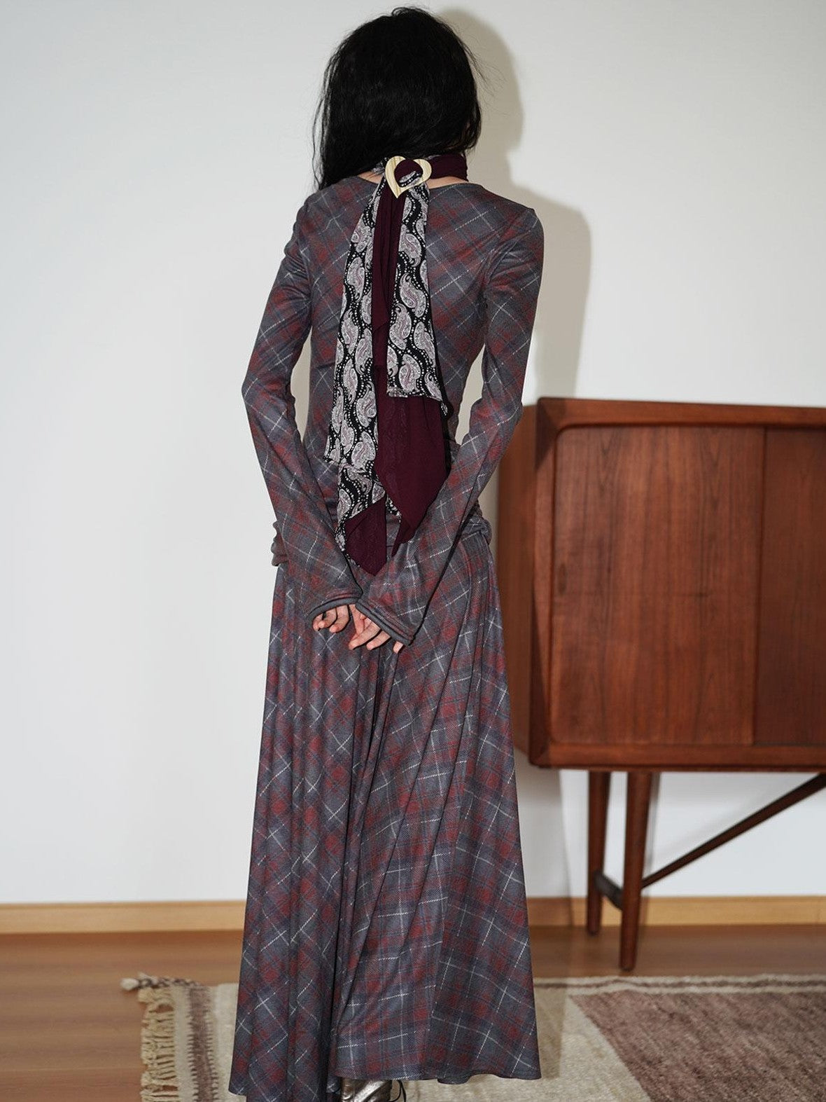 badtaste Vintage Plaid Asymmetric Slim Square Neck Women's Lyocell Casual Maxi Dresses