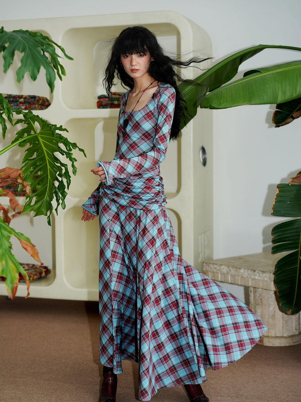badtaste Vintage Plaid Asymmetric Slim Square Neck Women's Lyocell Casual Maxi Dresses