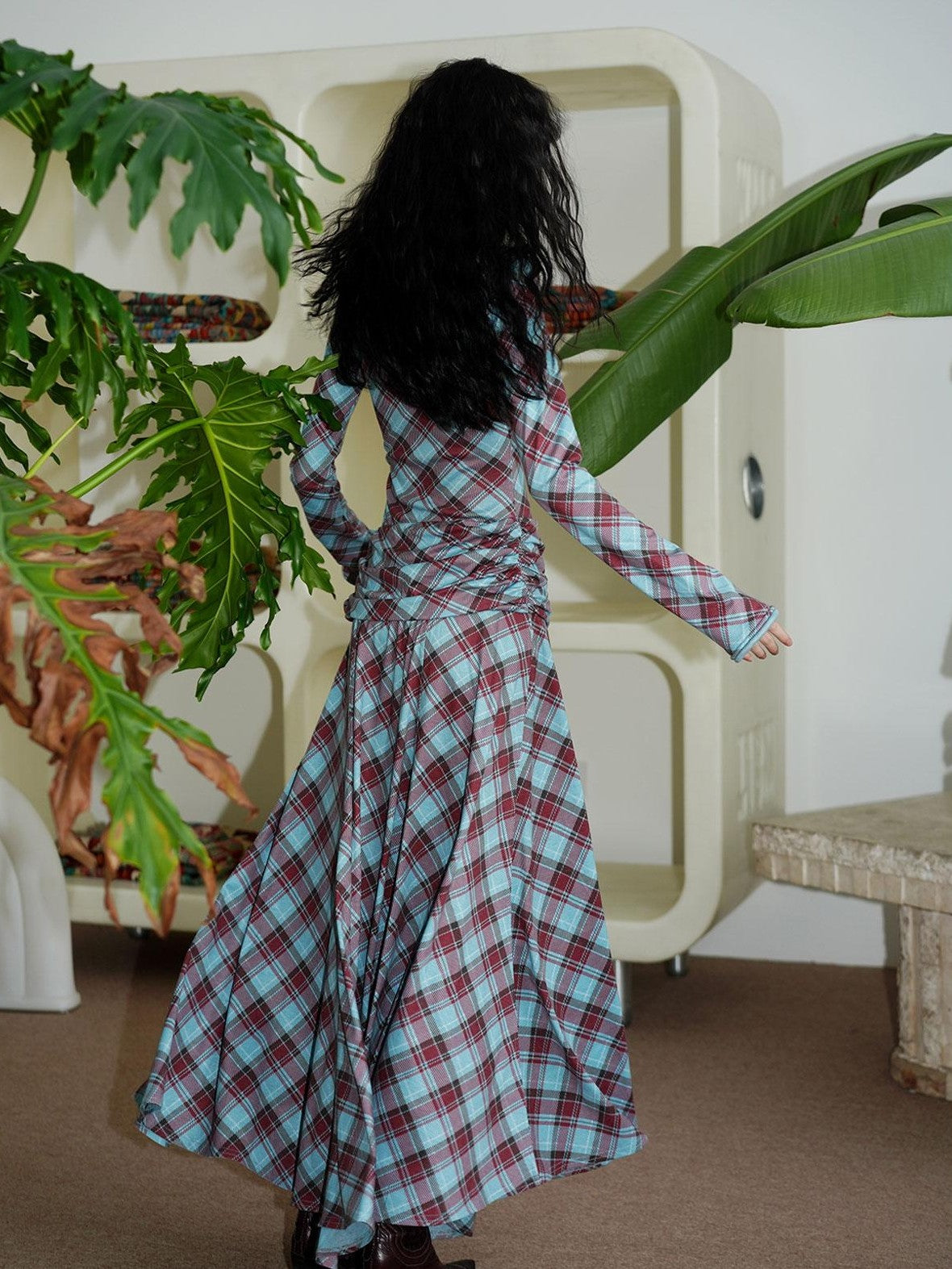 badtaste Vintage Plaid Asymmetric Slim Square Neck Women's Lyocell Casual Maxi Dresses