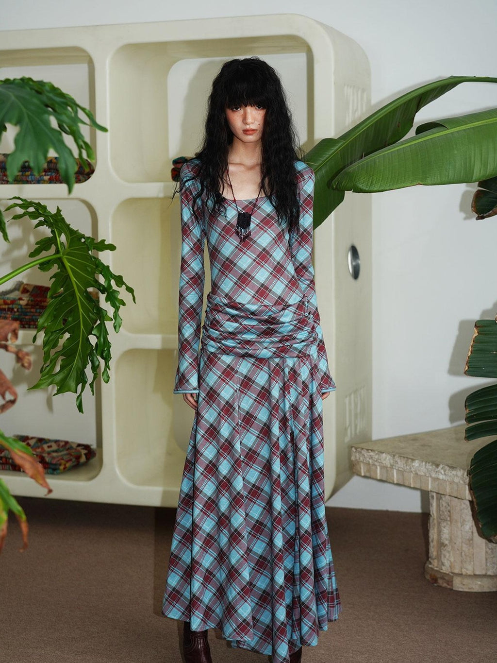 Vintage Plaid Asymmetric Slim Square Neck Women's Lyocell Casual Maxi Dresses