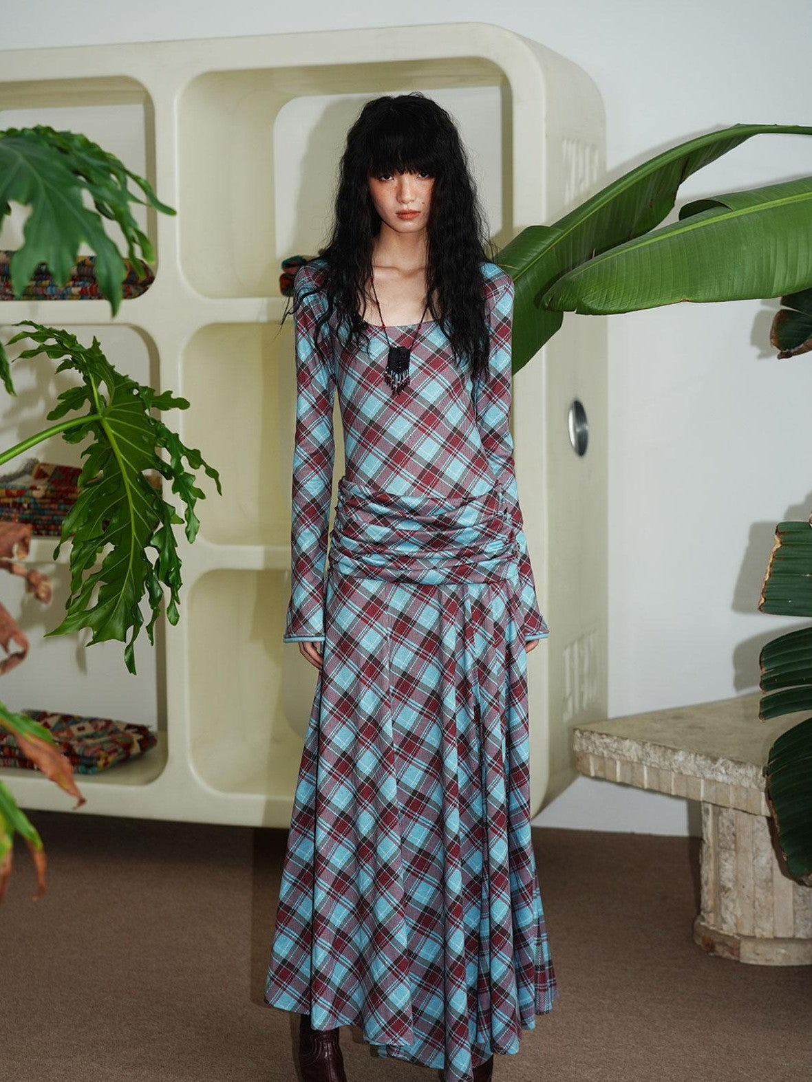 Vintage Plaid Asymmetric Slim Square Neck Women's Lyocell Casual Maxi Dresses