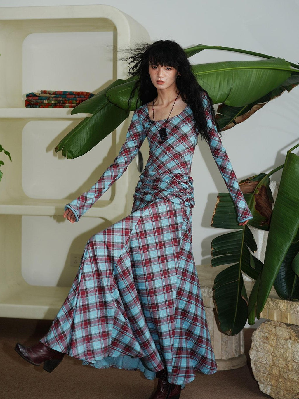 Vintage Plaid Asymmetric Slim Square Neck Women's Lyocell Casual Maxi Dresses