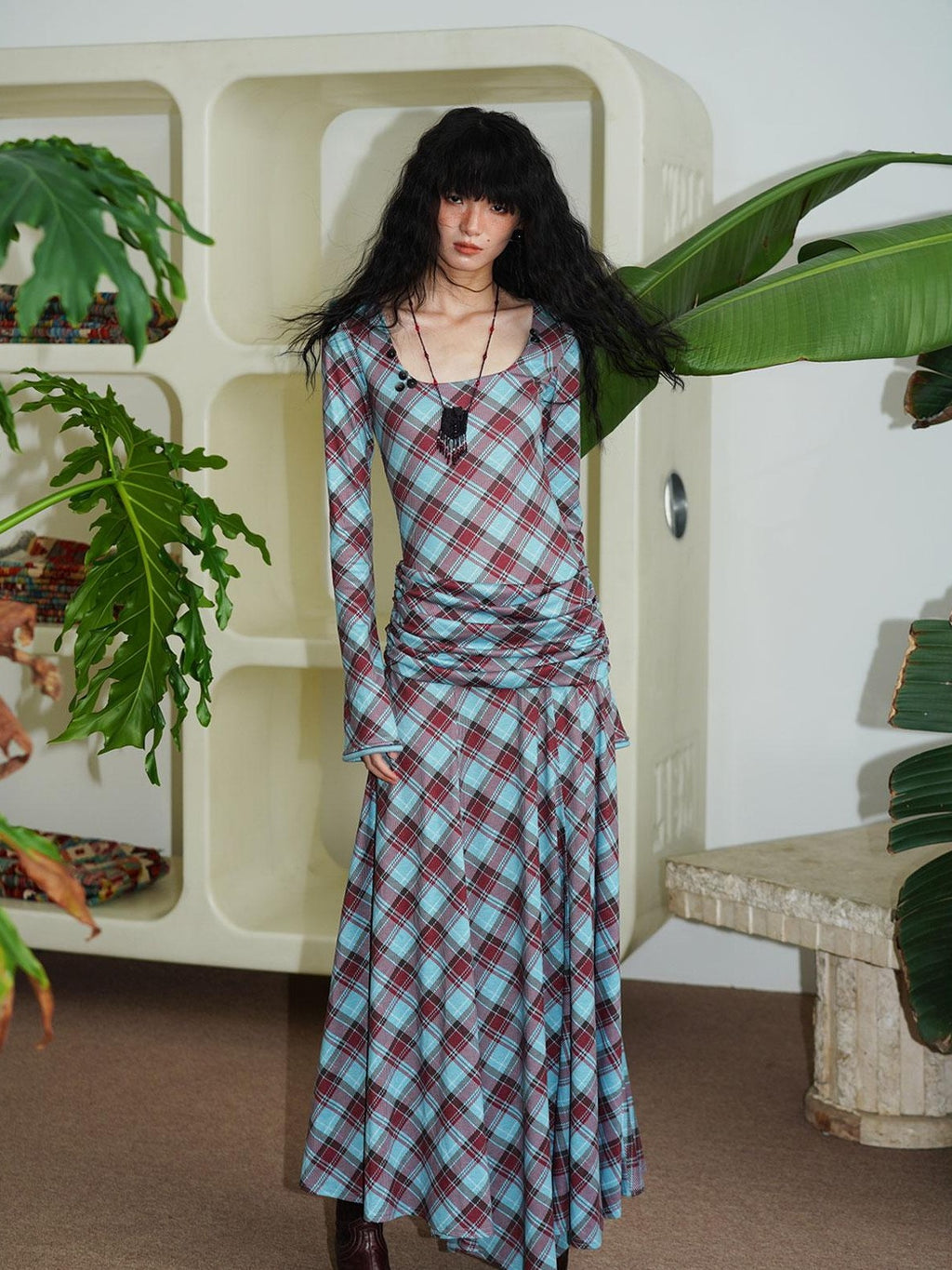 badtaste Vintage Plaid Asymmetric Slim Square Neck Women's Lyocell Casual Maxi Dresses