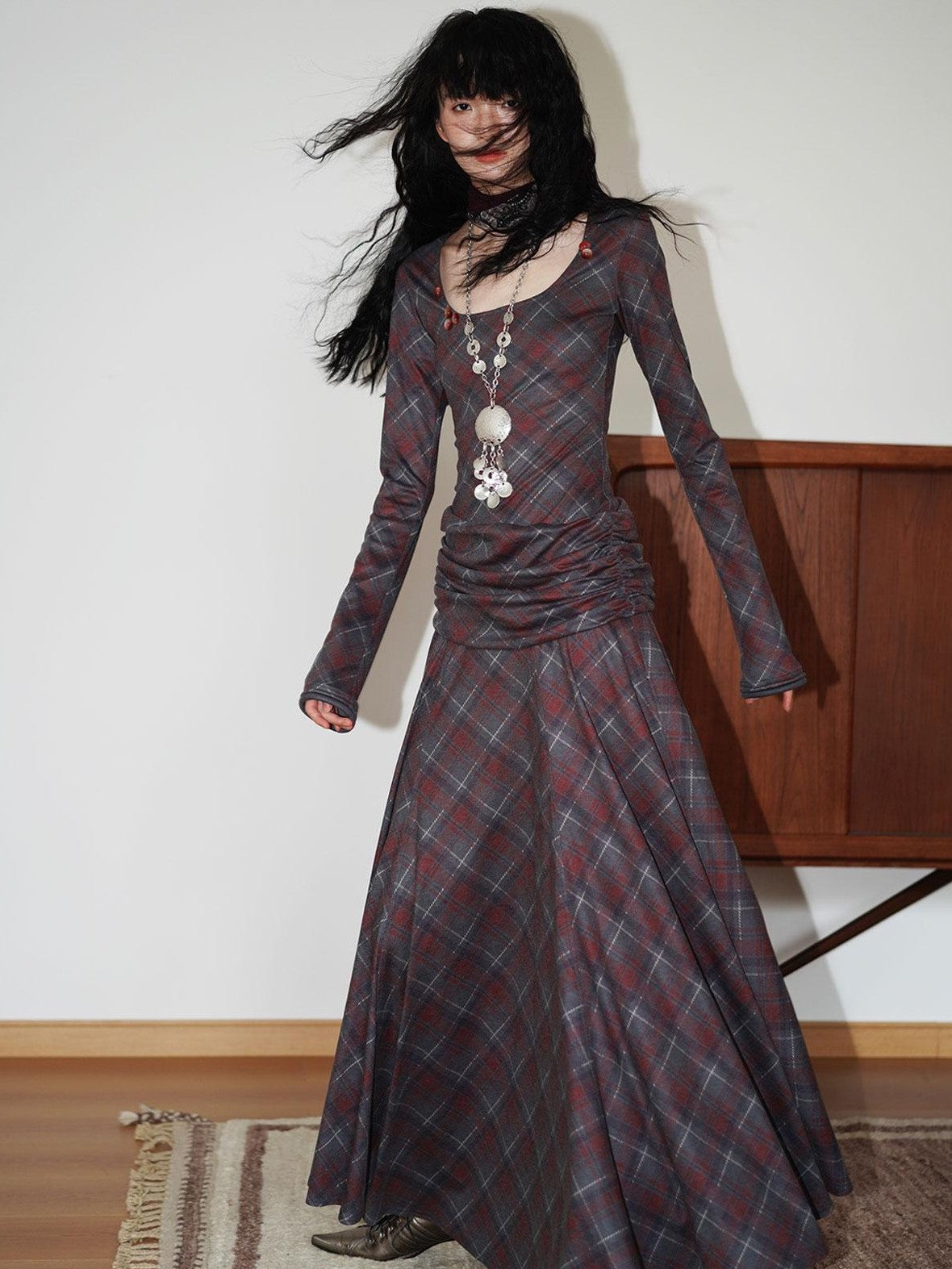 badtaste Vintage Plaid Asymmetric Slim Square Neck Women's Lyocell Casual Maxi Dresses