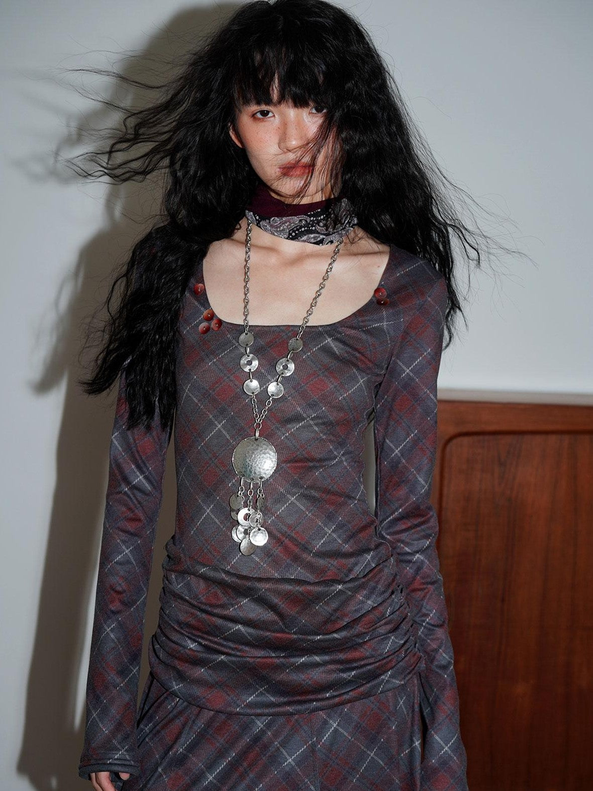 Vintage Plaid Asymmetric Slim Square Neck Women's Lyocell Casual Maxi Dresses