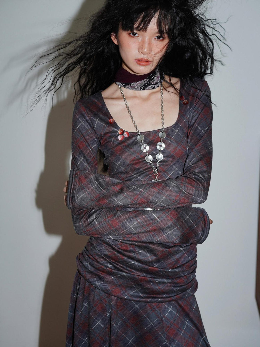 Vintage Plaid Asymmetric Slim Square Neck Women's Lyocell Casual Maxi Dresses
