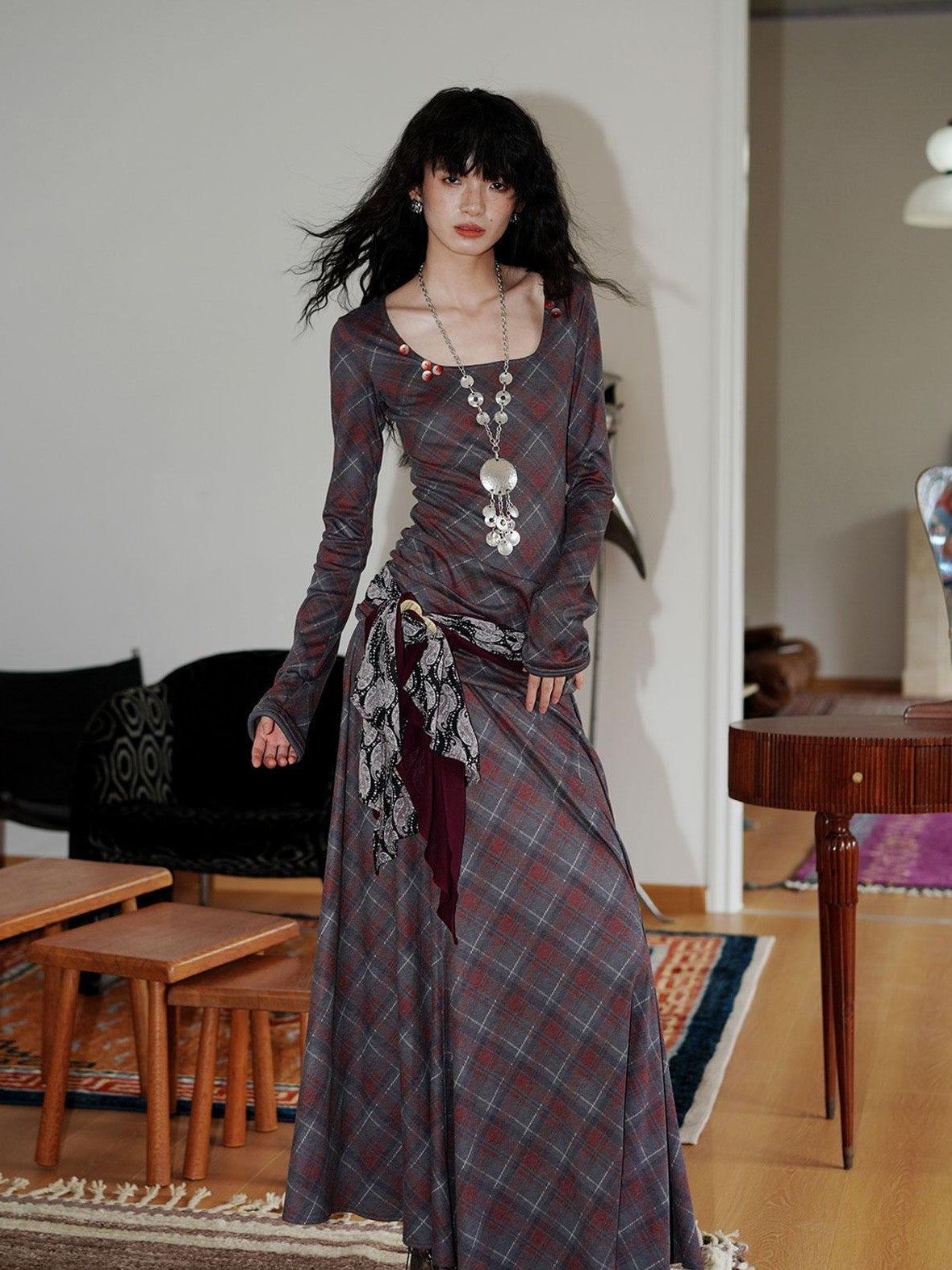 badtaste Vintage Plaid Asymmetric Slim Square Neck Women's Lyocell Casual Maxi Dresses
