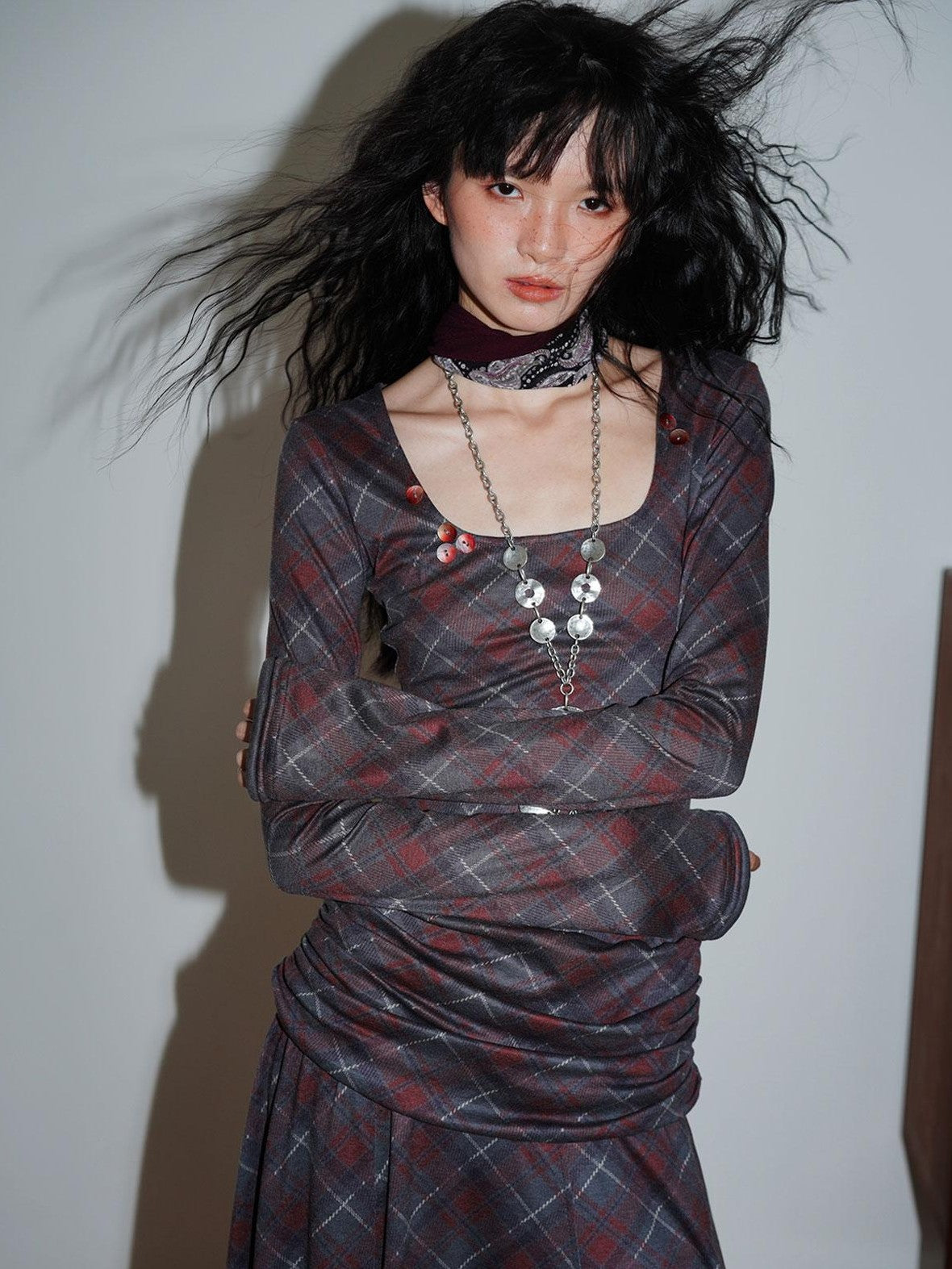 badtaste Vintage Plaid Asymmetric Slim Square Neck Women's Lyocell Casual Maxi Dresses