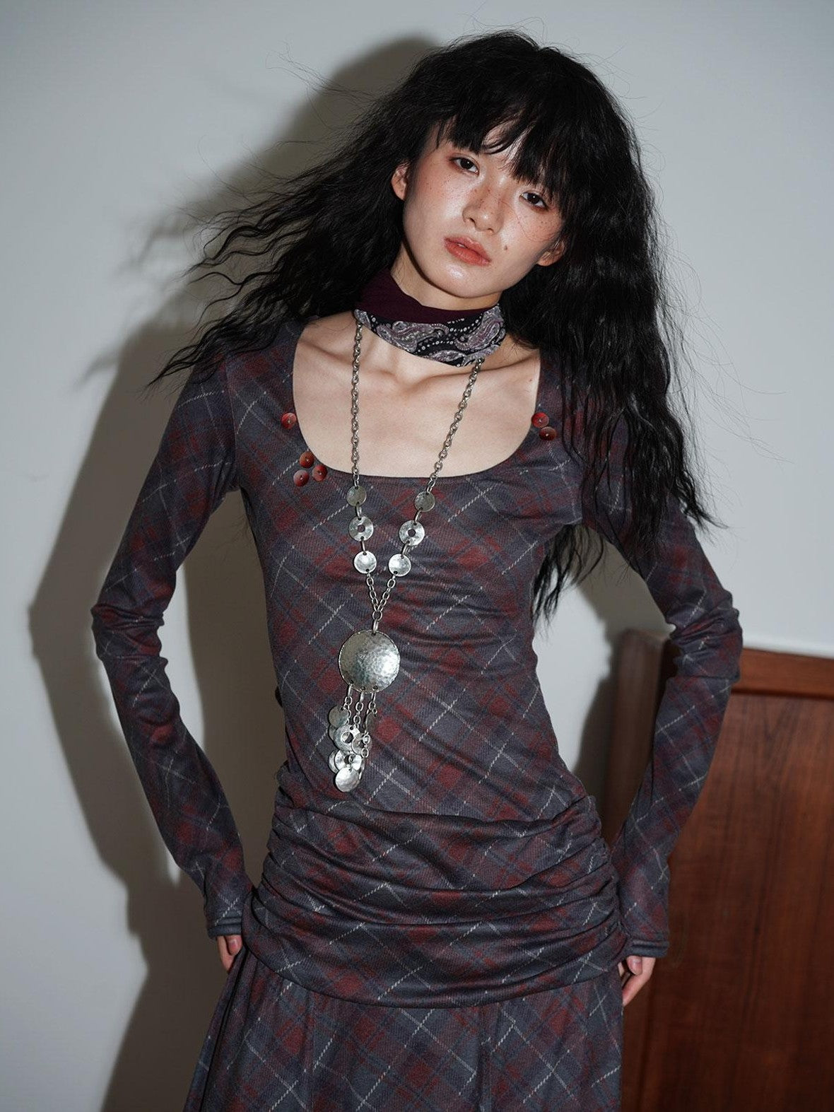 Vintage Plaid Asymmetric Slim Square Neck Women's Lyocell Casual Maxi Dresses