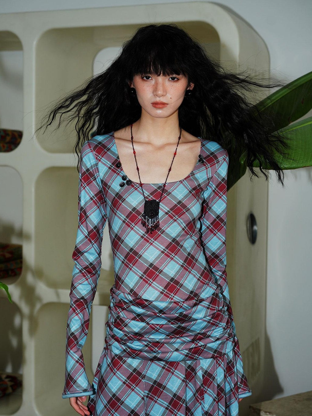 badtaste Vintage Plaid Asymmetric Slim Square Neck Women's Lyocell Casual Maxi Dresses