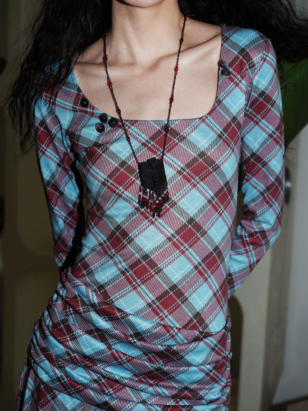 badtaste Vintage Plaid Asymmetric Slim Square Neck Women's Lyocell Casual Maxi Dresses