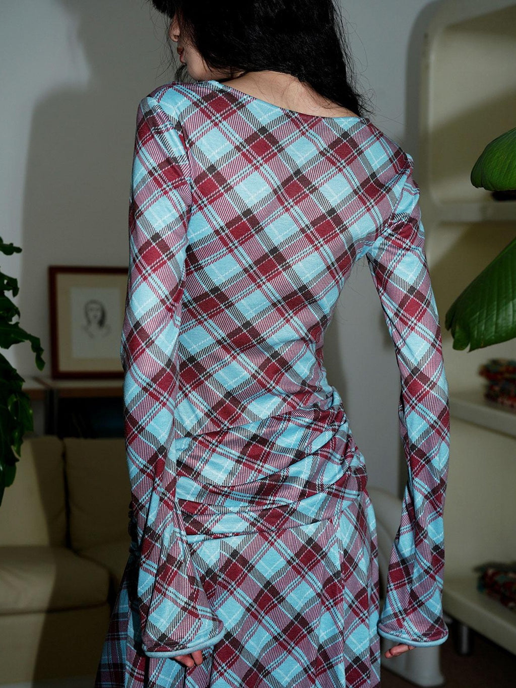 badtaste Vintage Plaid Asymmetric Slim Square Neck Women's Lyocell Casual Maxi Dresses